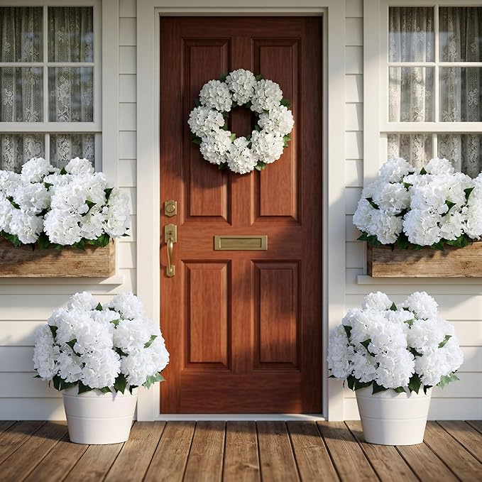 Ivydale Artificial Flowers for Outdoors, 4 PCS White Fake Silk Hydrangea Flower Stems for Bouquets UV Resistant Realistic Faux Plants Home Outdoor Wedding Party Centerpieces Decor