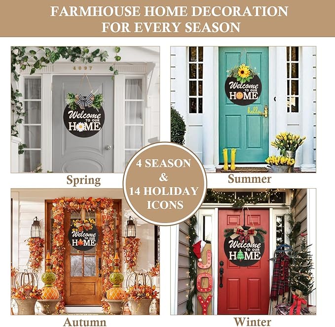 Interchangeable Welcome Sign for Front Door Decoration with 4 Seasonal Wreaths and 14 Holiday Icons, Black Welcome Door Hanger, Rustic Wooden Front Porch Sign Home décor（Black）