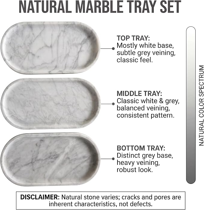 YKAJO Carrara White Gray Oval Marble Tray, 9.8x4.7 Perfume Organizer Dish | Honed natural stone; jewelry & trinket dish, ring & key holder, soap & candle catchall; bath counter, dresser, coffee table