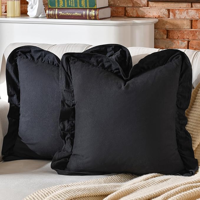 AmHoo Pack of 2 Throw Pillow Covers 100% Cotton Pre Washed Ruffle Decorative Pillowcase Cushion for Couch Sofa Bedroom 20 x 20-Inch Black