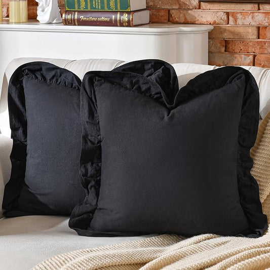 AmHoo Pack of 2 Throw Pillow Covers 100% Cotton Pre Washed Ruffle Decorative Pillowcase Cushion for Couch Sofa Bedroom 18 x 18-Inch Black