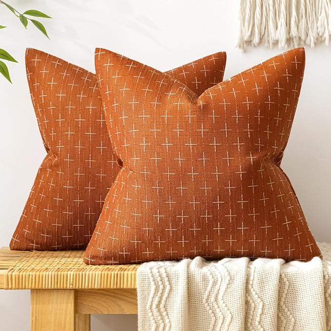 MIULEE Pack of 2 Decorative Burlap Linen Throw Pillow Covers Modern Farmhouse Pillowcase Rustic Woven Textured Cushion Cover for Sofa Couch Bed 24x24 Inch Rust