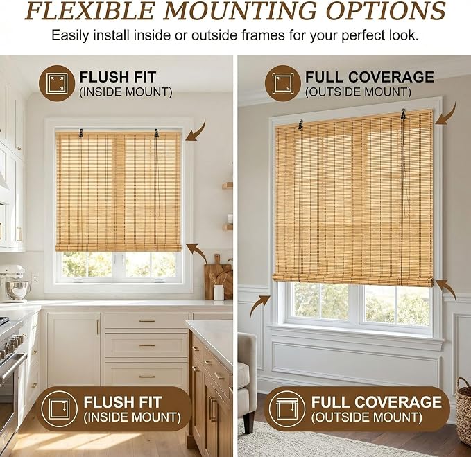 Glimer Bamboo Blinds for Interior Windows, Natural Roll Up Bamboo Shades for Indoor Windows & Outdoor Patio, Light Filtering Bamboo Window Shades for Living Room, Porch, Balcony, Easy to Install