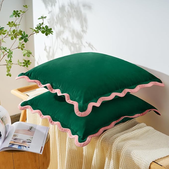 MONDAY MOOSE Decorative Throw Pillow Covers Cushion Cases, Set of 2 Soft Velvet Scalloped Wavy Edge Designs, Mix and Match for Home Decor, Pillow Inserts Not Included (18x18 inch, Pink/Green)