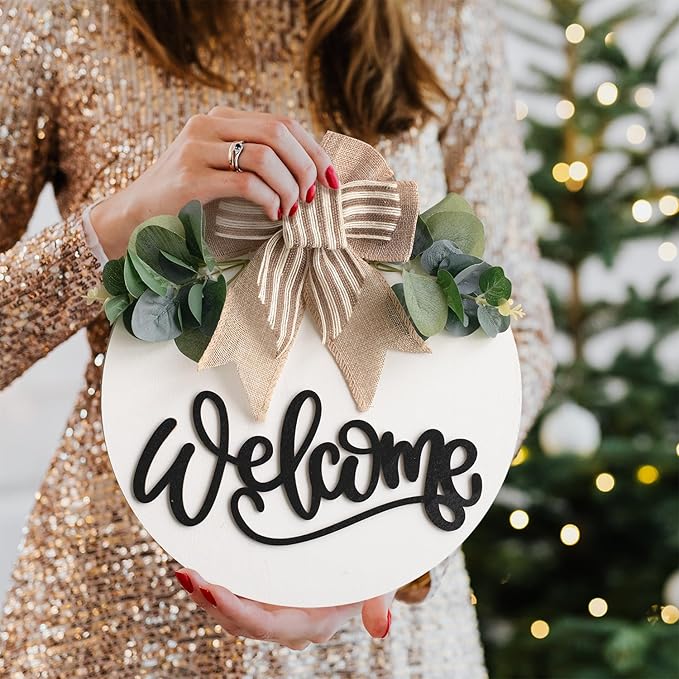 Welcome Sign for Front Door Wreath Decorations for All Seasons Front Porch Decor Hanging Gift for Farmhuose Home Outdoor Indoor (White-Welcome)