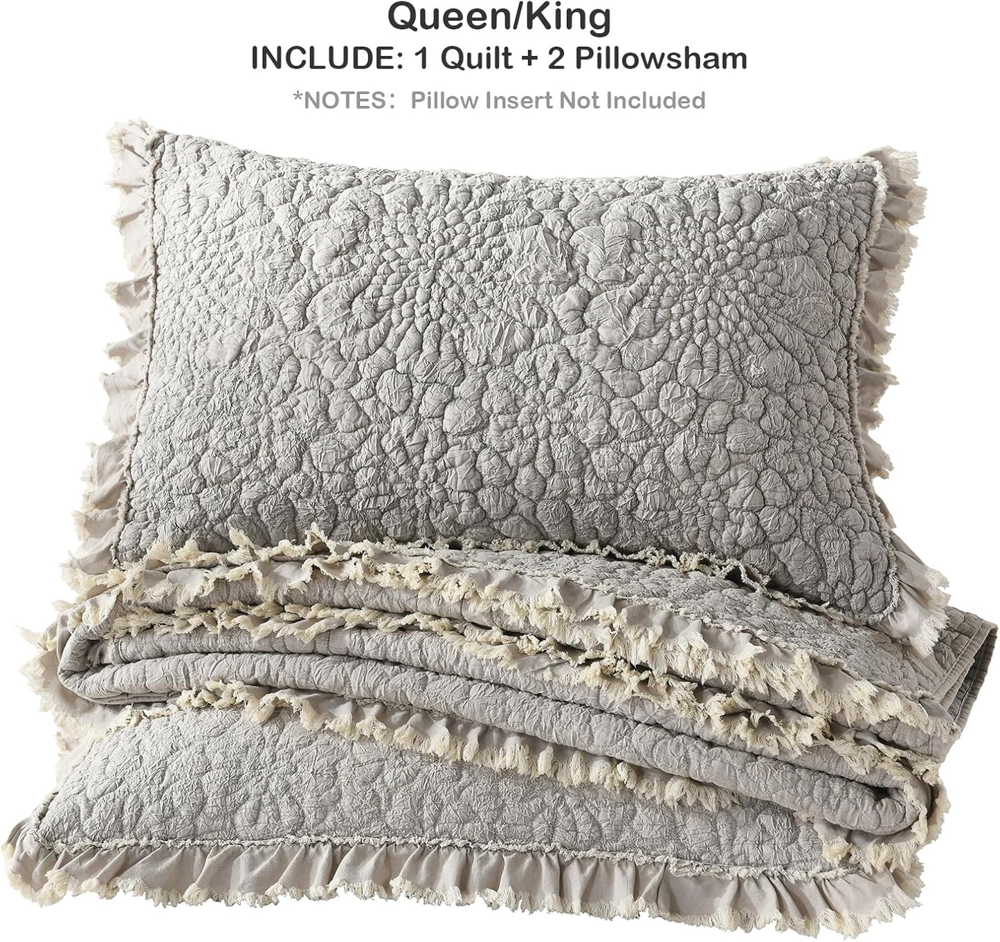 HORIMOTE HOME Beige Ruffled Quilt Queen Size, Stone-Washed Microfiber Lightweight Crinkled Farmhouse Rustic Shabby Chic Bedding Set, 3 Pieces Reversible Bedspread with Pillow Shams for All Season