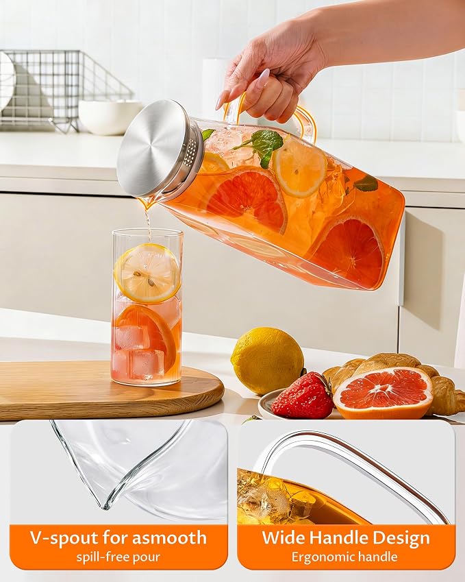 68oz Borosilicate Glass Pitcher with Lid and Handle – Square Water Carafe with Filter Spout for Hot & Cold Drinks, Iced Tea, Juice, and Fridge Storage