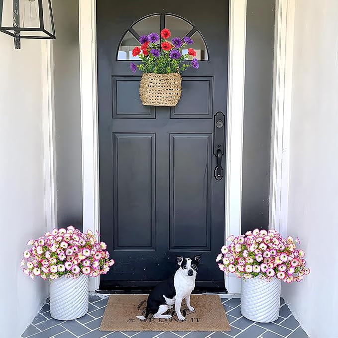 Hrobek Artificial Flowers for Outdoor Spring Summer Decoration, 10 Bundles Fake Plastic Flower Plant, Faux Colorful Silk Morning Glory Eucalyptus for Outside Garden Porch Front Door Decor, Pink White