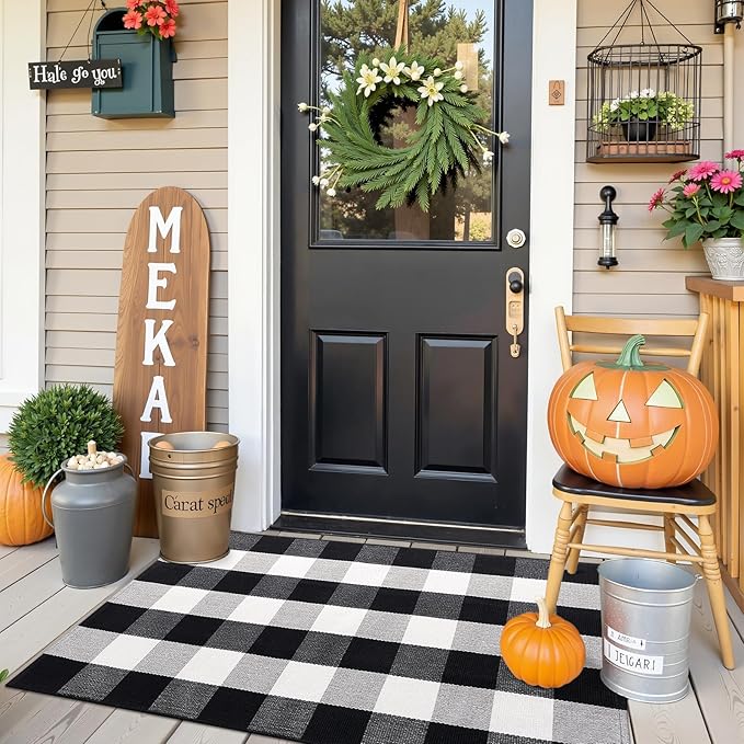OLANLY Buffalo Plaid Rug 2' x 3' (24" x 36") – Black and White Cotton Checkered Doormat, Washable Indoor Outdoor Rug for Layered Front Porch, Kitchen, Entryway Decor