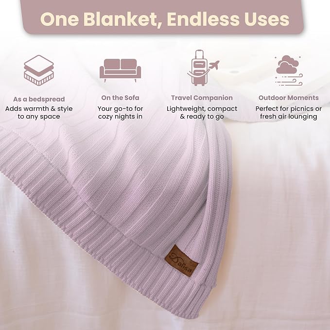 Dalisa 100% Organic Cotton Knit Blanket Denise -Soft and Lightweight, Breathable All-Season Throw for Bed, Sofa, or Lounge Area -Perfect for Home and Bedroom Styling (Lavender Frost, 80x90)