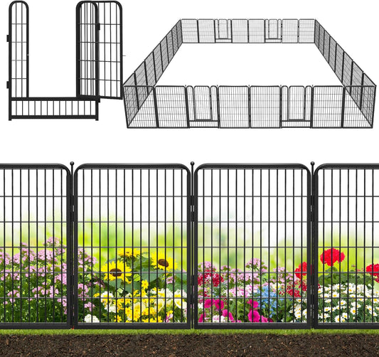 Decorative Black Metal Fencing Garden Fence with Gate, 72ft(L) 40in(H) 32 Fence Panels No Dig Fence Rustproof Animal Barrier Fence Temporary Dog Panels Fencing Outdoor