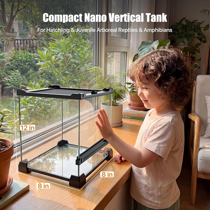 3 Gallon Fully Assembled Glass Reptile Enclosure, 8"x 8" x 12" | Tall Vertical Front-Opening Small Terrarium Tank for Hatchling & Juvenile Arboreal Reptiles & Amphibians