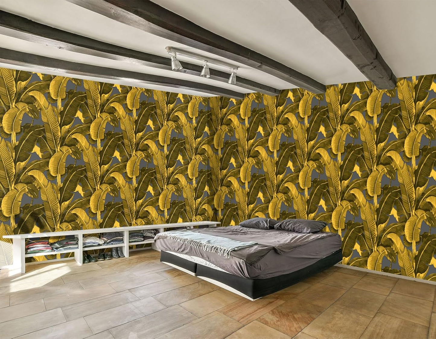 Vintage Gold Banana Leaf Bathroom wallpeper Living Room Bedroom Tropical Plant Wall Mural - 274"x96" (Not Peel and Stick)
