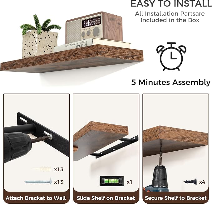 72" Wide x 12" Deep Floating Shelves for Wall, Rustic Brown, 1-Pack | Engineered Wood Wall Shelves with Invisible Brackets for Living Room, Bedroom, Bathroom, Office & Kitchen Storage