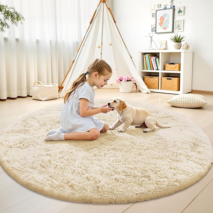 OLANLY Cream Round Rugs for Bedroom - Machine Washable, 8 ft Circle Area Rugs for Living Room, Soft and Fluffy Shaggy Carpet for Teen Girl and Boys, Nursery Rooms, Dorms, Home Decor Aesthetic