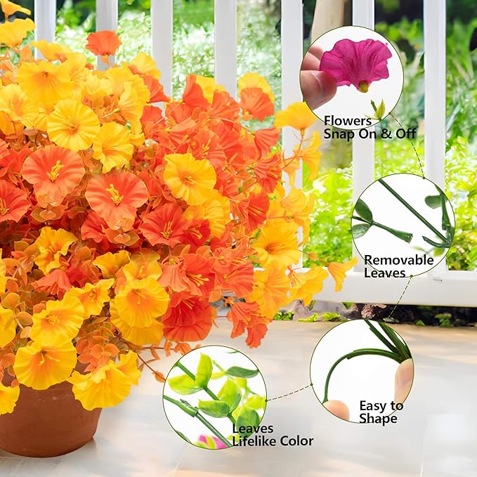 16 Bundles Fall Mums Artificial Flowers for Outdoor Decoration,Realistic Fake Plants Orange Red Petunias, UV Resistant Faux Yellow Silk Flowers for Vase Planter Front door Porch Garden (Autumn)