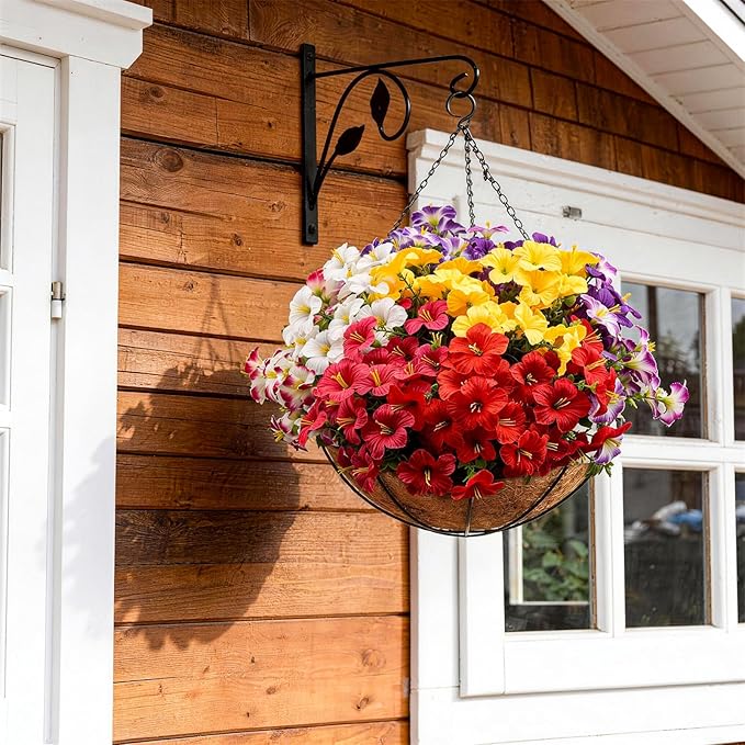 Artificial Flowers for Outdoors Fake Plants Outside, 16 Bundles Silk Morning Glory with Eucalyptus, UV Resistant Realistic Faux Flowers for Planters Porch Patio Garden Balcony Decor (8 Color)