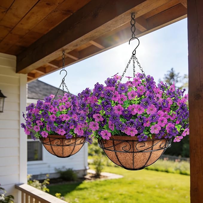 Artificial Fake Hanging Flowers Plants Basket Outdoors, Faux Silk UV Resistant Look Real Daisy Eucalyptus for Spring Summer Garden Porch Home Patio Balcony Yard Decorations, Double Purple