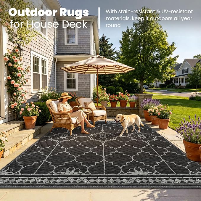 8x10Ft Outdoor Rug, Solar Powered Outdoor Rug with 113LEDs Strip Lights for House Deck, Waterproof Plastic Reversible Outdoor Straw Rugs, Rugs RV Camping Patio Courtyard Beach Picnic(Black Gray)
