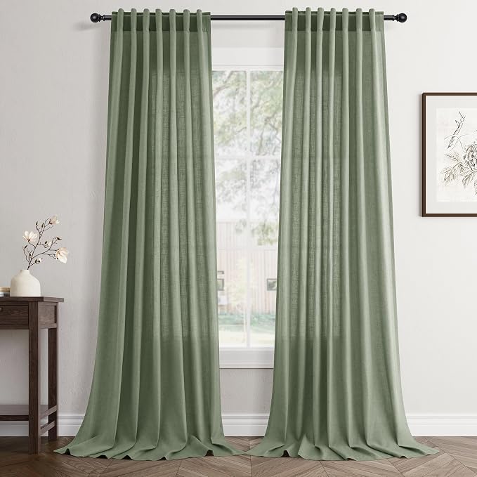 Jowels Light Sage Green Linen Curtains 84 Inch 2 Panels for Living Room | Light Filtering Semi Sheer Curtain, Back Tab Pocket Pleated Look, Boho Farmhouse Textured Privacy Drapes for Bedroom Window