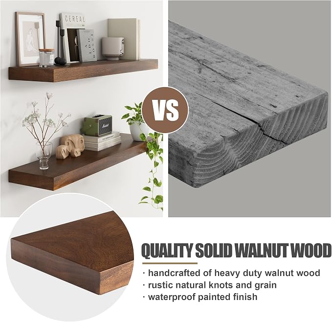 Floating Shelves for Wall, USA-Sourced Walnut Wood 32 Inch Wall Shelves Set of 2, Natural Wooden Mounted Picture Ledge Shelf, Nursery Book Storage Shelf Kids Bookshelf Display, Shelf for Bathroom