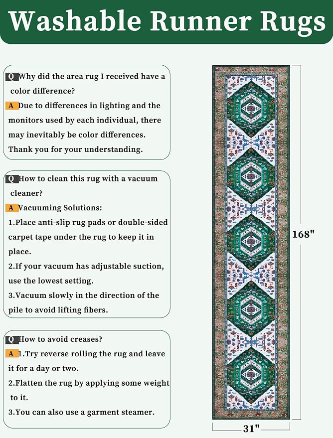 SERISSA Runner Rug for Hallways, 2'6"x14' Washable Non Slip Kitchen Runner Rug, Extra Long Boho Rug Ultra Soft Vintage Green White Print Floor Carpet for Bedroom Hallway Entryway Bathroom Laundry Room