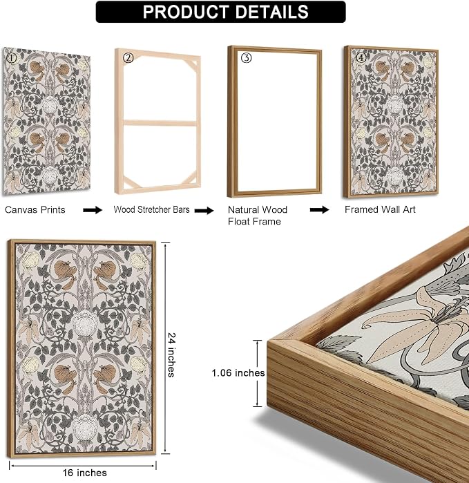Large Retro Framed Wall Art - Natural Float Framed Vintage Flowers Canvas William Morris Painting Pictures Rustic Floral Pattern Prints Artwork for Living Room Bedroom Office Decor 48" X 24" Set of 3