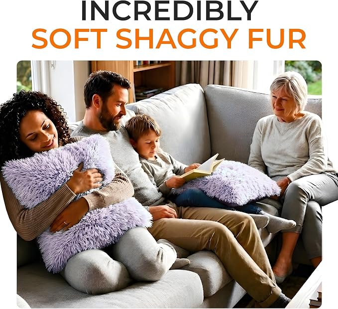 Cheer Collection Throw Pillows for Couch and Bed, Soft Shaggy Throw Pillows with Inserts Included, Cozy Long Hair Faux Fur Pillows - Set of 2-18" x 18" - Purple