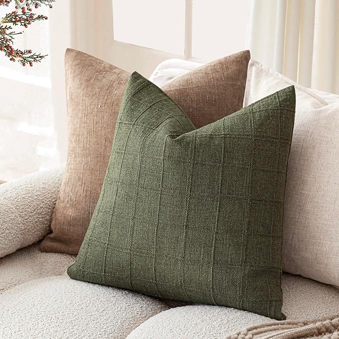 Foindtower Set of 2 Decorative Linen Check Throw Pillow Covers Neutral Farmhouse Vintage Cushion Covers Modern Boho Home Decor for Sofa Chair Couch Bedroom Living Room,18×18 Inch,Olive Green