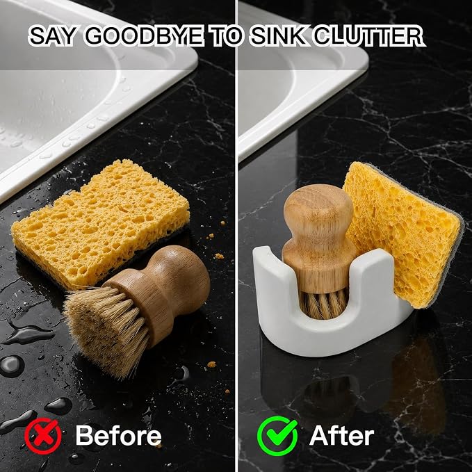 White Marble Sponge Holder for Kitchen Sink, Dual Slot Stone Caddy,Carrara White | 2-in-1 Natural Stone Sponge & Brush Holder, Raised Edge Helps Catch Water, Keeps Countertops Dry , Keeps Countertop Dry