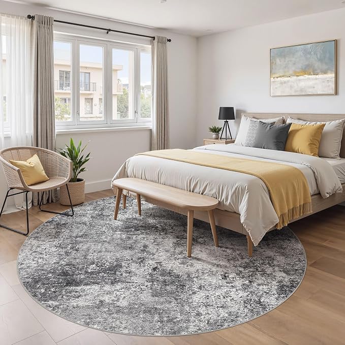 8ft Round Area Rug Living Room Rugs - 8x8 Washable Large Soft Indoor Neutral Modern Abstract Low Pile Rug Carpet for Bedroom Dining Room Farmhouse Home Office - Grey