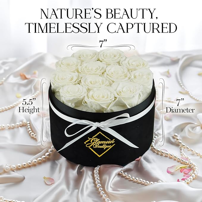 GLAMOUR BOUTIQUE Flowers Forever Gift Box, 12 Real Preserved Roses in Velvet Black Box, Floral Gift for Her, Mom or Wife for Birthday, Mother’s Day, Anniversary or Graduation, White (Color-Treated)