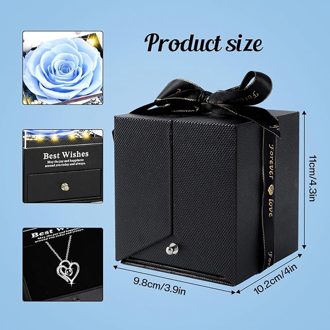 Pasuvsigt Valentines Day Rose Gifts for Her, Preserved Real Rose with I Love You Heart 100-Language Necklace, LED Lights & Music Box, Anniversary Birthday Valentines Gifts for Women Girlfriend Mom