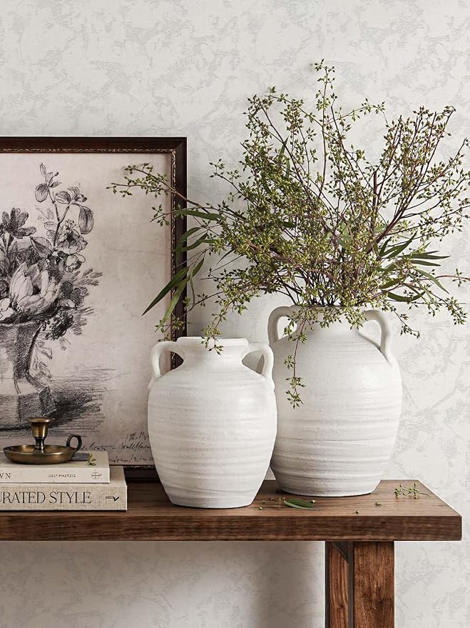 Large White Ceramic Vase - 9.5 Inch Rustic Farmhouse Flower Vase with Handles for Home Decor, Vintage Tall Vase for Living Room, Table, Bathroom, Holiday & Weddings (Sandstone White)