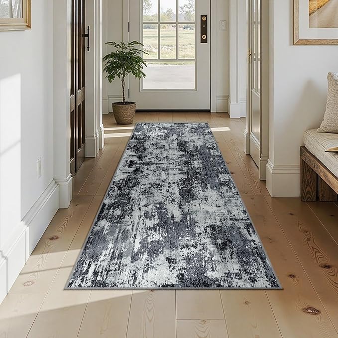 RELEANY Washable Area Rugs 2'6''x8 Non-Slip Modern Abstract Soft for Living Room Entryway Bedroom Nursery, Print Pattern, Black Navy Blue Gray