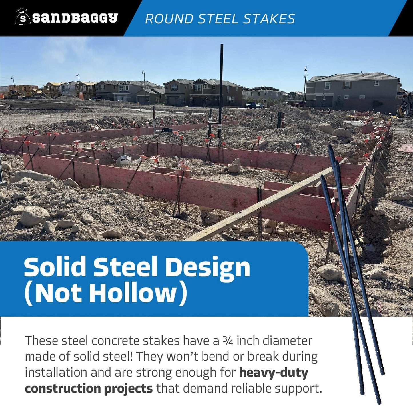 Sandbaggy Round Steel Concrete Form Stakes with Nail Holes - Rust Resistant Coating - Removable, Reusable (20, 3/4 in X 36 in)