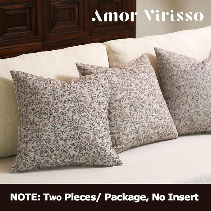 Amor Virisso Floral Throw Pillow Covers 18x18 Set of 2 Couch Pillows for Living Room Farmhouse Vintage Block Print Pillow Covers Decorative Pillow Covers Accent Sofa Pillows, Green/Sand