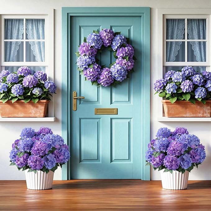 Ivydale Artificial Flowers for Outdoors, 4 PCS Purple Blue Fake Silk Hydrangea Flower Stems for Bouquets UV Resistant Realistic Faux Plants Home Outdoor Wedding Party Centerpieces Decor