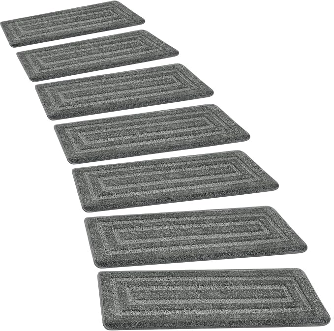 PURE ERA Bullnose Carpet Stair Treads Set Tape Free Non-Slip Indoor Stair Protectors Pet Friendly Rugs 9.5" x 30"(14 Pieces,Grey Rectangular)