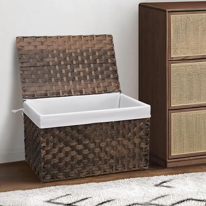 Wicker Storage Basket with Lid, 27.7 Gallon (105L) Large Blanket Basket with Lid, Woven Storage Bin with Handles, Removable Liner, Metal Frame, Foldable, for Bedroom, Laundry Room, Brown