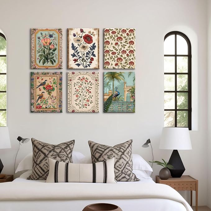 Indian Wall Art Vintage Floral Canvas Poster India Wall Decor Folk Flower Prints Scandinavian Pictures Antique Botanical Painting Gallery Artwork for Bedroom Living Room 12x16x6 Inch Ready to Hang
