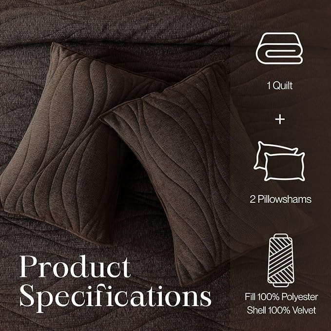 DOWN HOME Crinkle Textured Velvet Quilt Set with Shams, All-Season Luxury Modern Bedding,Easy Care Comforter,Ultra-Soft,Lightweight & Breathable, Cali King, Antique Brown
