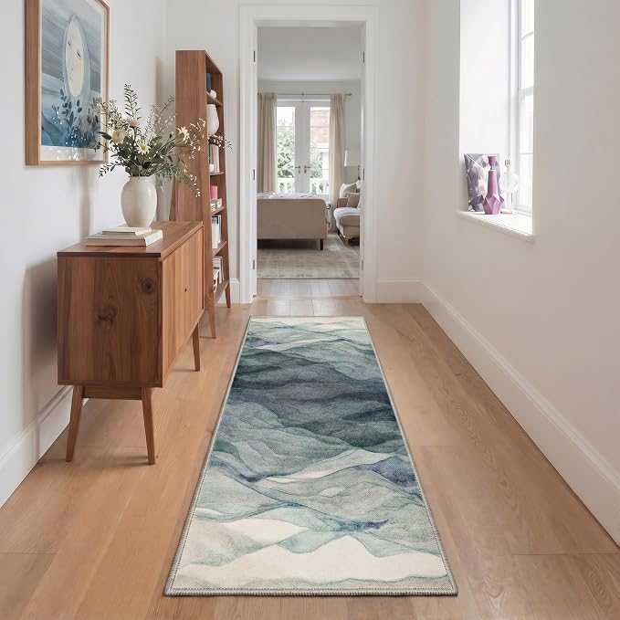 BEIMO Runner Rug for Hallway Kitchen, 2x5 Machine Washable Runners Rug for Entryway, Soft Modern Abstract Throw Rugs, Low Pile Floor Cover with Non Slip Backing, Dusty Teal
