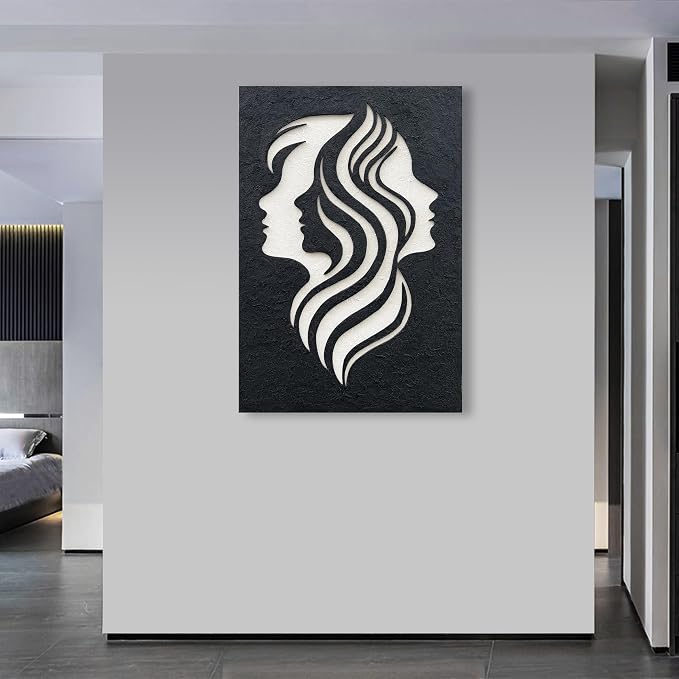 NANKAI Art Hand-Drawn 45x30 inches Black and White Silhouette Textures of Figures in Abstract Art Oil Painting. Modern-Style Abstract Wall Decoration. Three-Dimensional Minimalist Relief Paintings