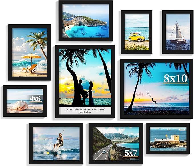 PEALSN 10 Pack Collage Picture Frames, Gallery Wall Frame Set with Two 8x10, Four 5x7, and Four 4x6, Multiple Photo Frames for Wall Gallery Decor, Black