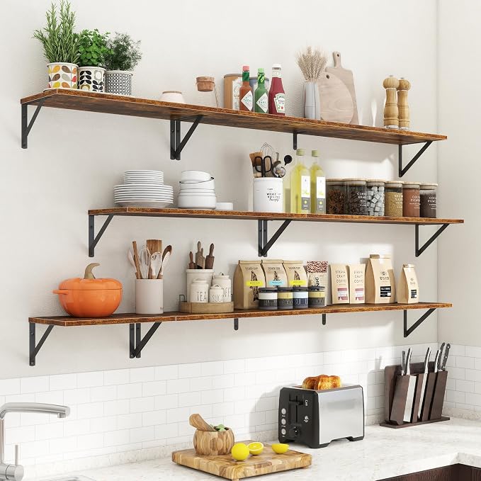 Acovy Floating Shelves for Wall,48" Wx8 D Wood Wall Shelves,Hanging Storage Floating Shelf with Metal Brackets,Wide Floating Bookshelf for Living Room,Office,Bedroom,Bathroom,Set of 2,Rustic Brown