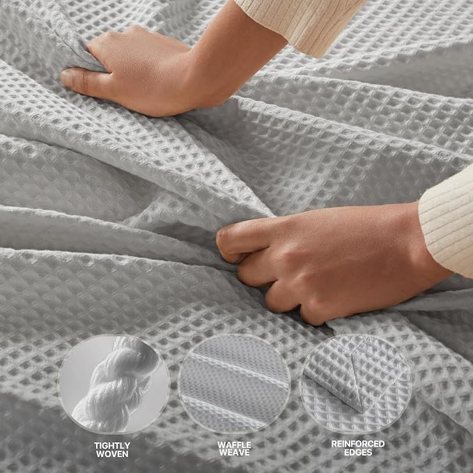 Madison Park 100% Cotton Blanket, Trendy Woven Waffle Weave Design, All Season, Lightweight, Breathable, Soft and Cozy Casual Summer Cover, for Bed, Couch and Sofa, Twin(66 in x 90 in), Grey