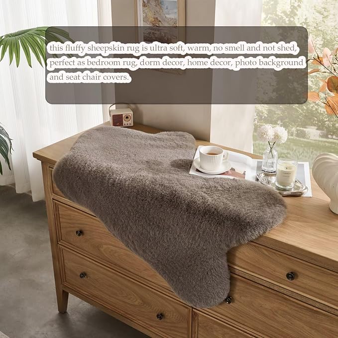 1700GSM Fuzzy Faux Sheepskin Fur Area Rug,Extra Soft Faux Fur Mat,Fluffy Shaggy Fur Rug for Bedroom Living Bedside Rug Room Decor-Taupe, 2 x 6 ft
