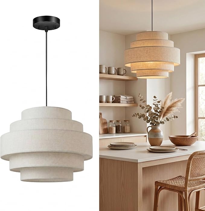 AUQUEE 5-Tier Farmhouse Chandelier, 13" Modern Drum Pendant Light Fixture with Linen Lampshade, Adjustable Height Hanging Ceiling Lighting for Bedroom/Nursery/Dining Room/Kitchen Island/Entryway,Beige