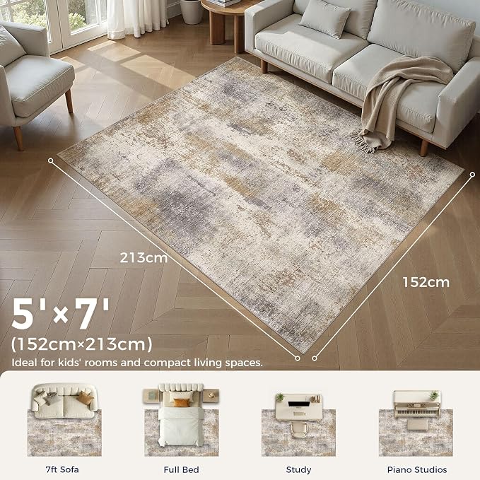 DMOYEST Area Rug Living Room Rugs - 5x7 Washable Soft Indoor Neutral Modern Abstract Low Pile Rug Carpet for Bedroom Dining Room Farmhouse Home Office - Brown Grey